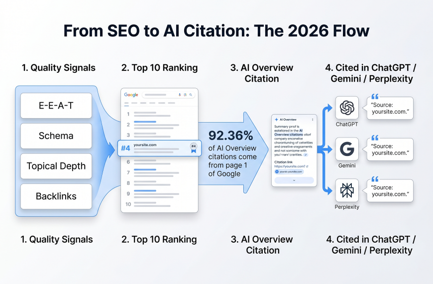 Diagram showing how SEO signals lead to top 10 Google rankings, AI Overview citations, and mentions in ChatGPT, Gemini, and Perplexity, with 92 percent of AI citations coming from page one